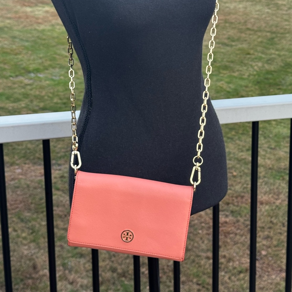 Tory Burch Leather Coral Crossbody Bag with Gold Chain